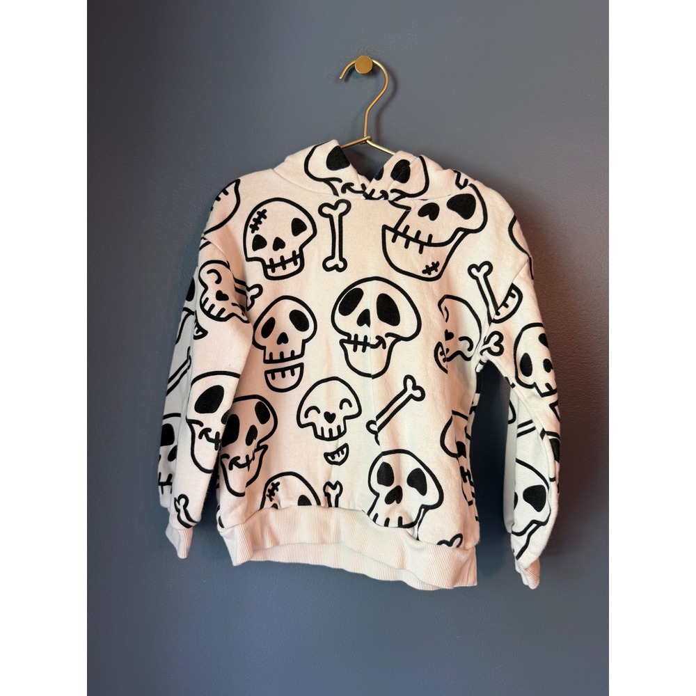 HM Kids Skull Crossbones Hoodie Cream Black All Over Print Sweatshirt 3T 4T